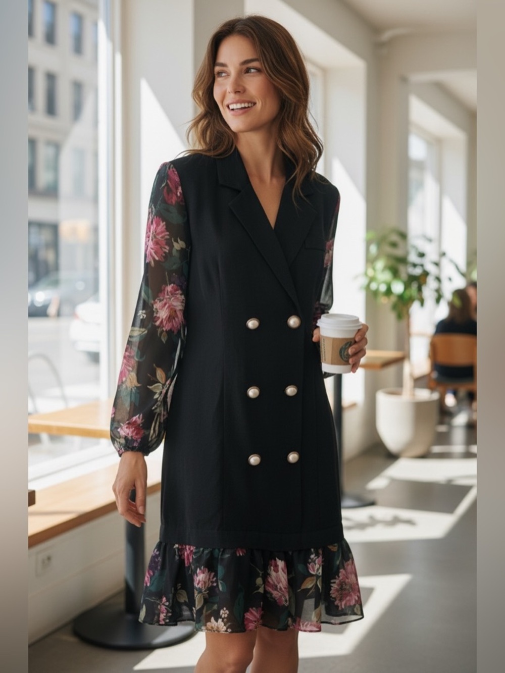 Rampage Black Dress with Pink Floral Sleeves - Picture 2 of 8